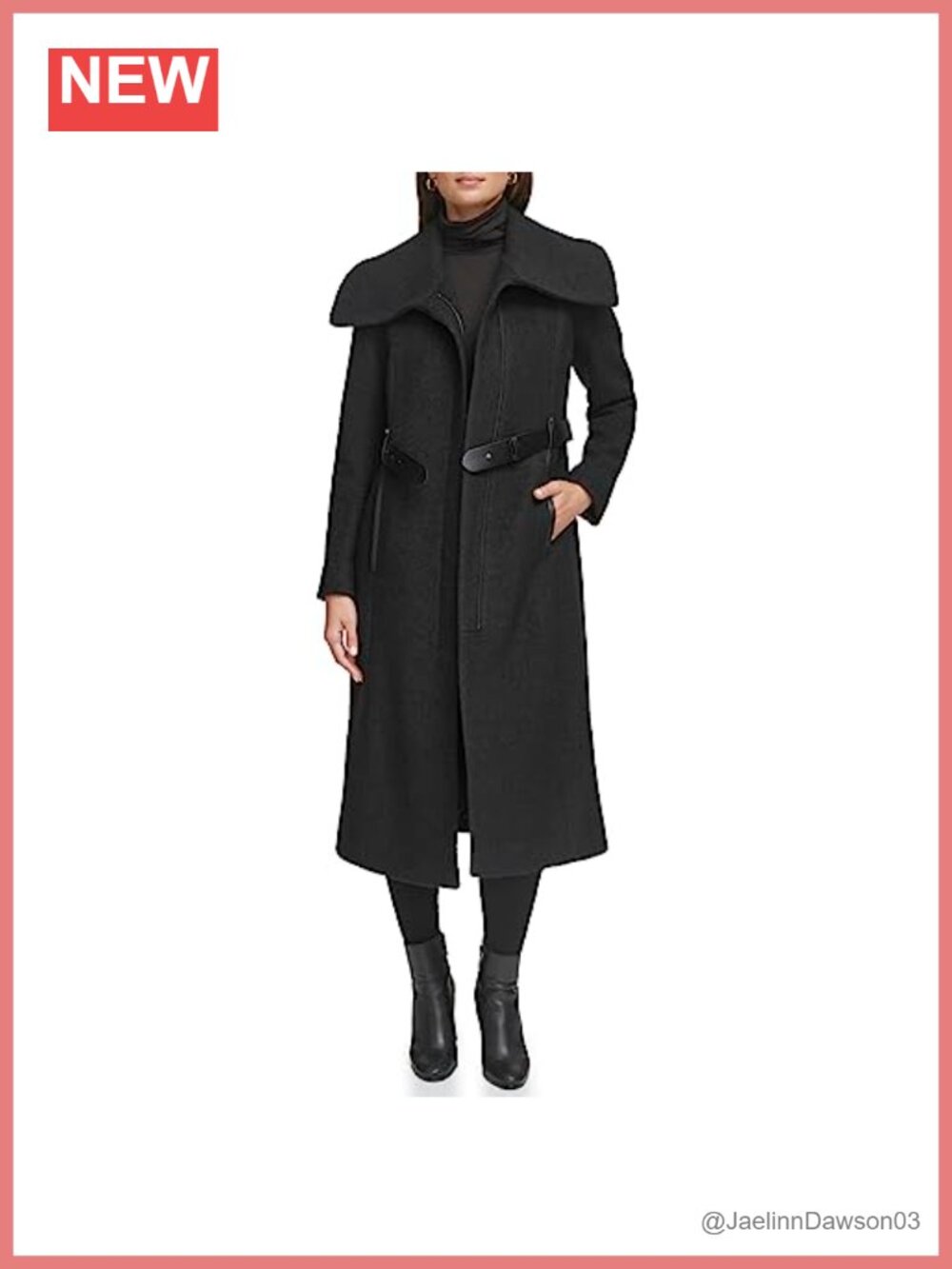 Textured Twill Wool Blend Long Coat Faux Leather Belt